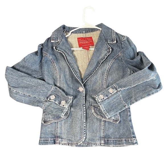 Hot Kiss Women's Collar Navy and Pink Denim Jean Button Jacket Size Large - Picture 2 of 15